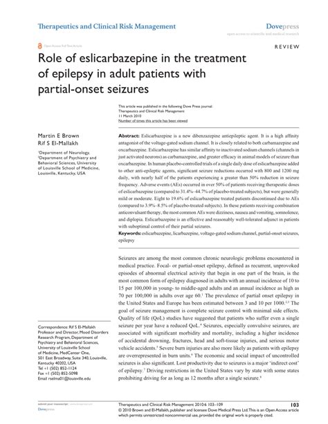 Pdf Role Of Eslicarbazepine In The Treatment Of Epilepsy In Adult