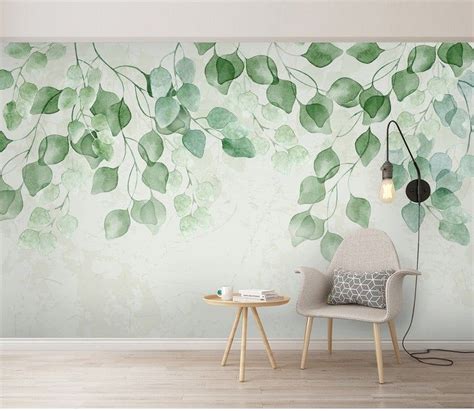 Watercolor Hand Painted Fresh Leaves Wallpaper Wall Mural Etsy In