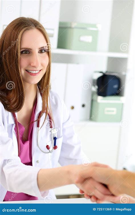 Female Medicine Doctor Shake Hand As Hello With Male Patient Stock Image Image Of Doctor Heal