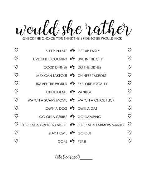 Would She Rather Bridal Shower Games Printable Wedding Shower Game Template Would She Rather