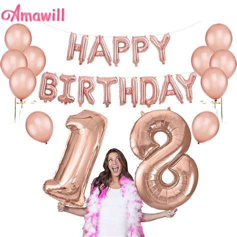 Amawill 32inch Rose Gold 18th Happy Birthday Foil Balloons 12 Latex
