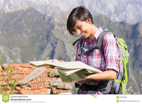 Young Woman Looking At Map Stock Photo Image Of Happy 30630508