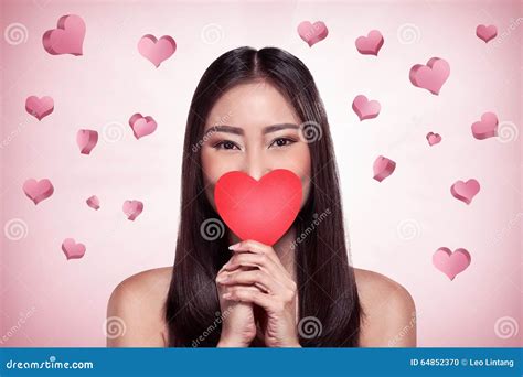 Beautiful Asian Girl Holding Red Heart Stock Photo Image Of Model