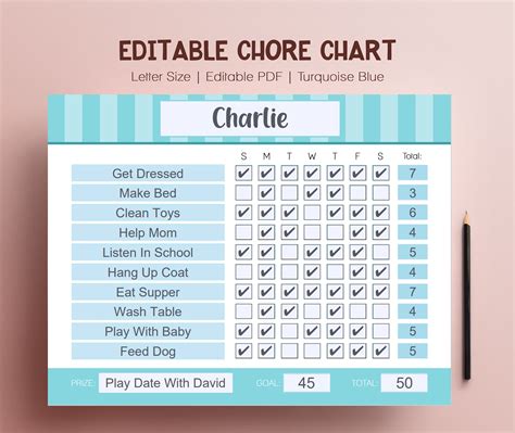 Blue Kids Chore Chart Routine System Editable Pdf Template For Etsy