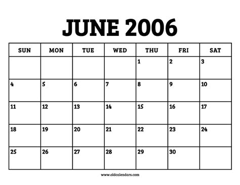 Calendar June 2006 Printable Old Calendars