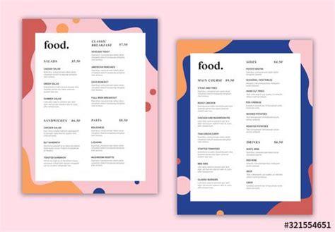 Two Menus With Different Designs On Them One Is Blue And The Other Is Pink
