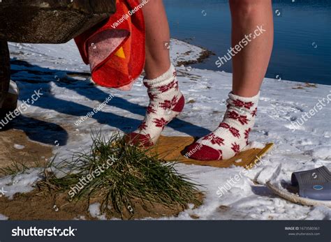 Woman Walks Her Bare Feet Snow Stock Photo 1673580361 Shutterstock