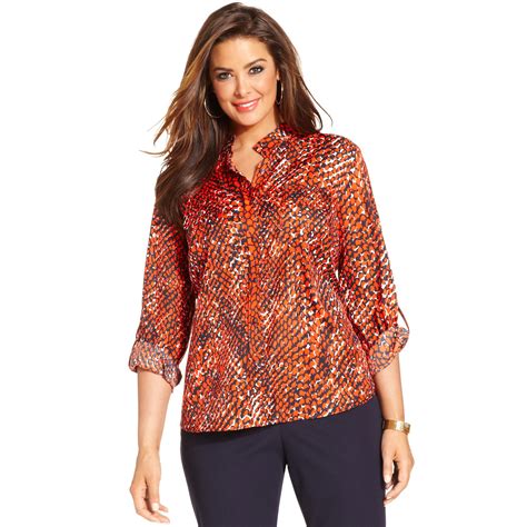 Jones New York Signature Plus Size Longsleeve Printed Utility Blouse In