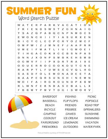 Summer Fun Word Search Puzzle Print It Free
