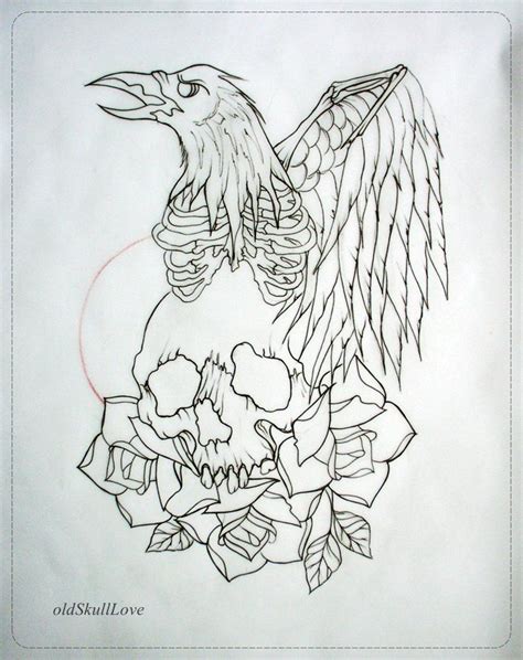 Skull Tattoo Ideas Raven And Skull Tattoo Design Outline By