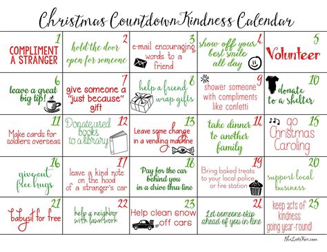 acts of kindness christmas countdown calendars free printables