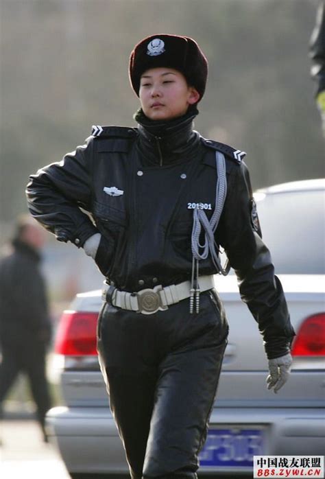 Chinese Policewoman In Full Leather Uniform Cop Uniform Police