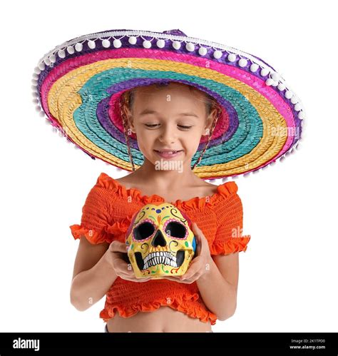 Little Girl In Sombrero Hat With Painted Human Skull On White
