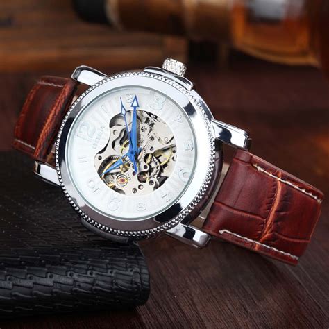 Relogio Masculino Brand Goer Skeleton Watches Leather Band Automatic