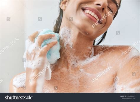 Close Smiling Lady Foam On Her Stock Photo Edit Now 1824898595