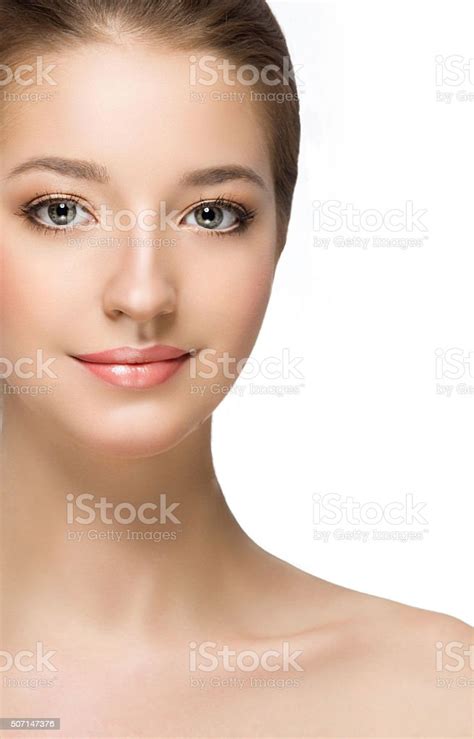 Beautiful Woman Face Close Up Portrait Happy Studio On White Stock