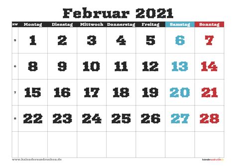Perfekt auch als kalender mit kw zum ausdrucken geeignet. Kalender Februar 2021 zum Ausdrucken mit Ferien - Kalender ...