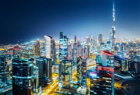 Scenic Aerial Skyline Big Modern City At Night Business Bay Dubai
