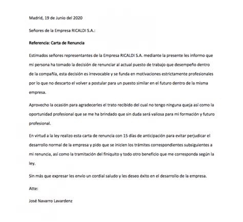Ejemplo De Carta De Renuncia Laboral En Nicaragua Samuel Cooke