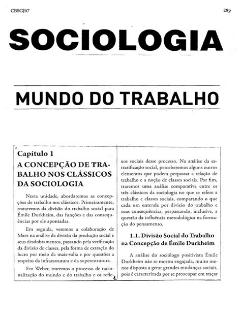 Sociologia Mundo Do Trabalho 28p Texto Karl Marx Émile Durkheim