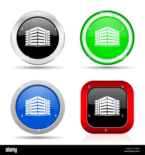 Office Building Red Blue Green And Black Web Glossy Icon Set In 4