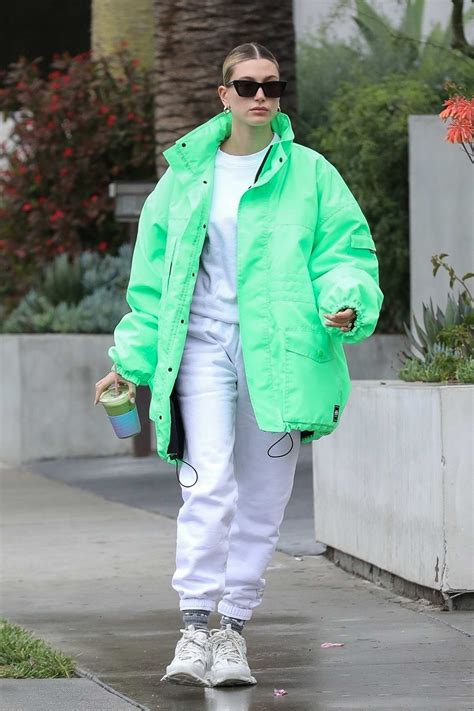 Hailey Bieber Stands Out In Bright Green Jacket As She Heads To Nine