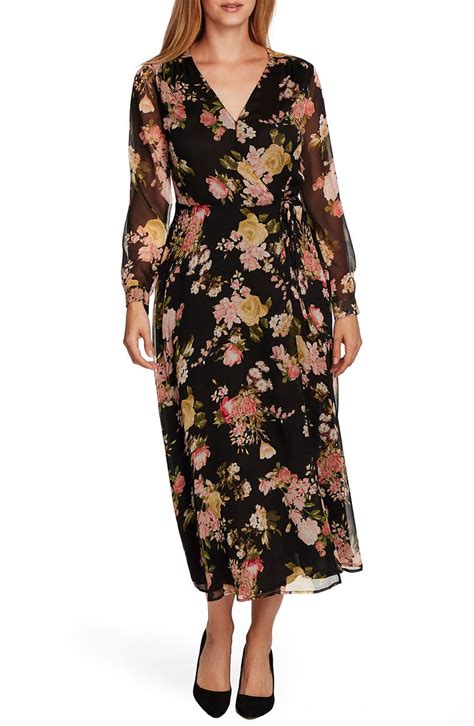 Vince Camuto Beautiful Blooms Long Sleeve Chiffon Midi Wrap Dress