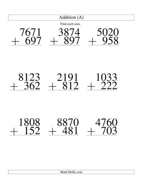 Four Digit Plus Three Digit Addition 9 Questions A Large Print