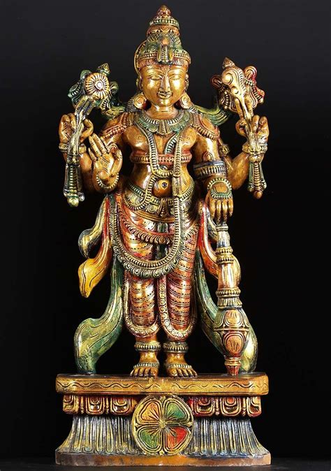 Sold Wood Vishnu Colored Statue 38 76w2c Hindu Gods And Buddha Statues