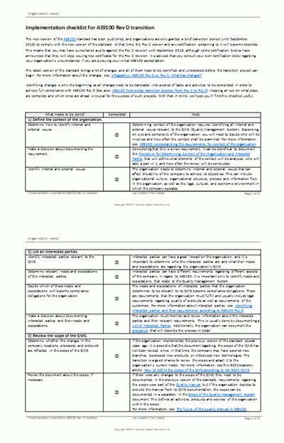 Implementation Checklist For As9100 Rev D Transition