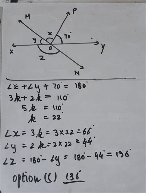 in figure line sex y and mn intersect at o if angle p o y 70 degree and x ratio y equals to 3