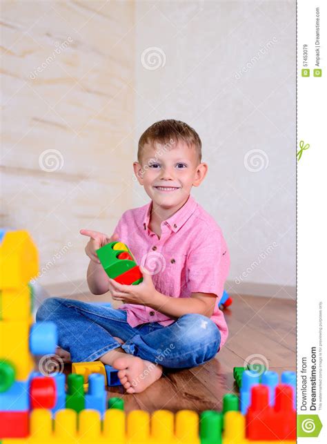Happy Young Boy Playing With His Building Blocks Stock Image Image Of
