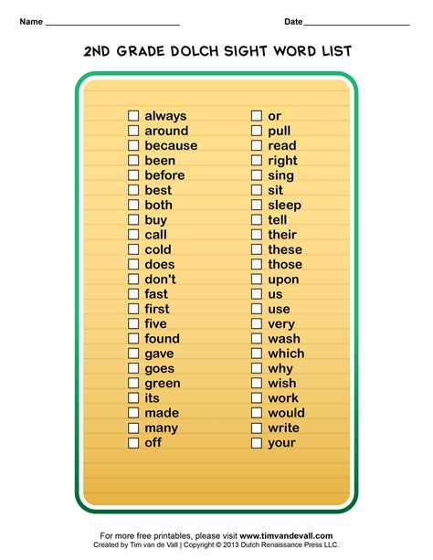 Dolch Sight Words Lists For Pre K Kindergarten 1st 2nd And 3rd Grade