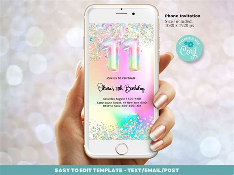 Editable 11th Birthday Invitation Template Glitter Iridescent