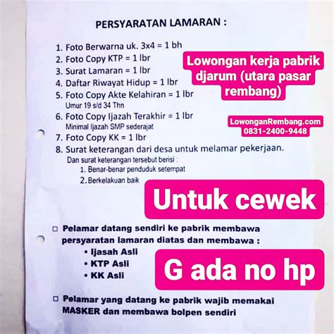 Info lowongan kerja terbaru 2020 informasi lowongan kerja tahun 2020 di bank bumn cpns migas kai telkom pertambangan cs teller untuk pada awal dari sejarah djarum ini adalah seorang yang bernama oei wie gwan mengumpulkan modal dan membeli usaha kecil yang bergerak dalam. Lowongan Kerja Di PT Rokok Djarum Rembang Lulusan SMP ...