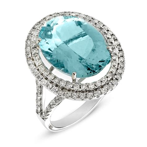 18k White Gold Aquamarine Diamond Halo Ring Gold Rings Jewelry