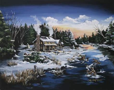 Hunting Cabin Blue Winter Scene Vintage Ford By Brushedmemories