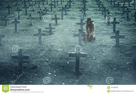 Sad Woman In The Cemetery Stock Photo Image Of