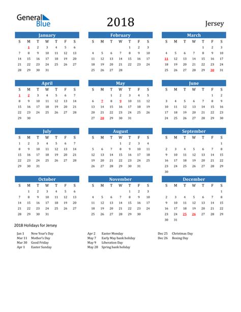 2018 Jersey Calendar With Holidays