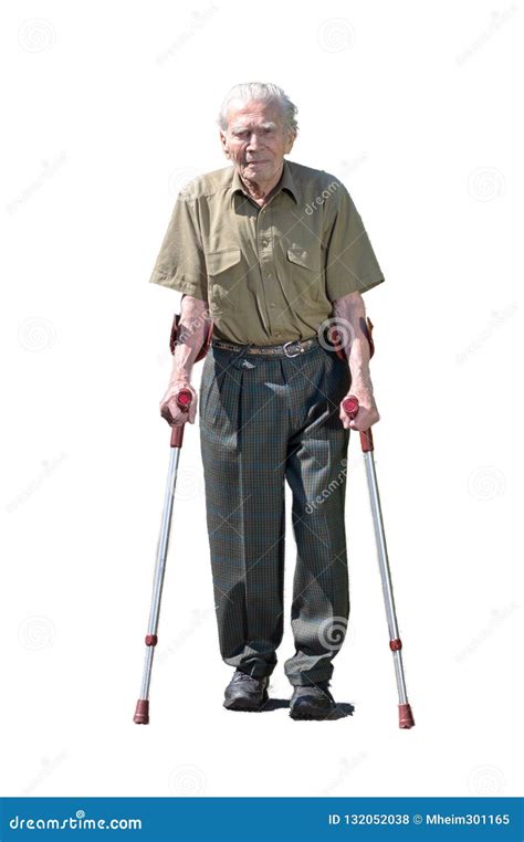 Senior Retired Man Walking On Crutches Stock Photo Image Of