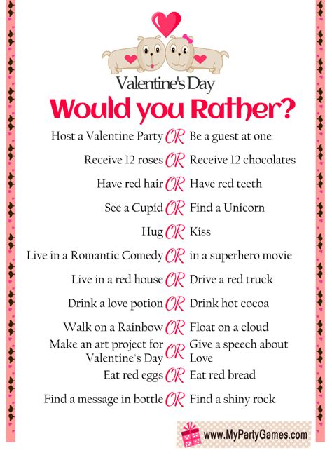 Free Printable Would You Rather Game For Valentines Day Valentines