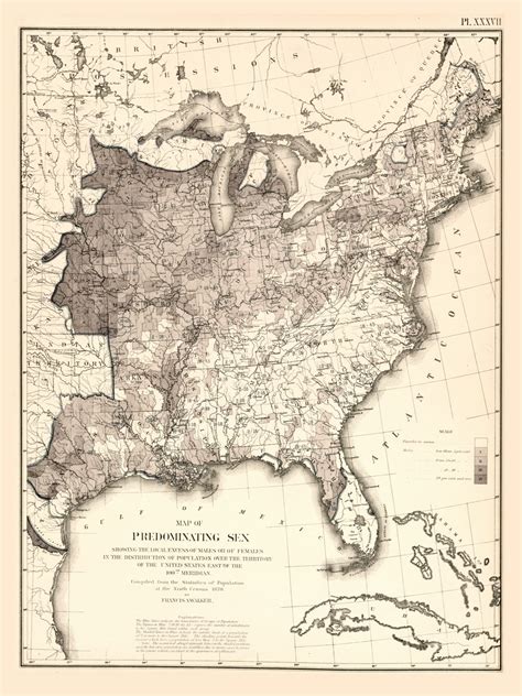 Map Of Predominating Sex In The United States 1870 Walker 1870 9th Census Atlas Eastern Usa