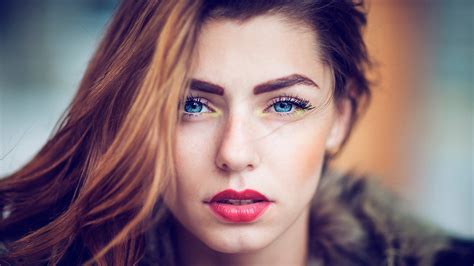 Women Brunette David Mas Redhead Blue Eyes Long Eyelashes Face Red Lipstick Hair In Face