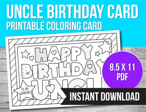 Happy Birthday Uncle Coloring Card Printable Birthday Card Etsy