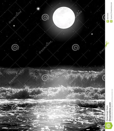 Full Moon Over The Ocean Waves With Stars At Night Stock