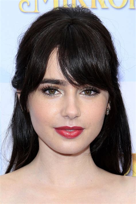 Lily Collins Straight Black Curved Bangs Pinned Back Hairstyle Steal Her Style