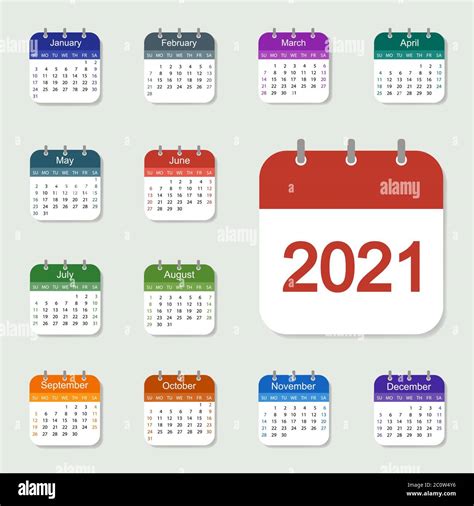 Calendario 2021 La Semana Comienza El Domingodiseño Colorido Sobre