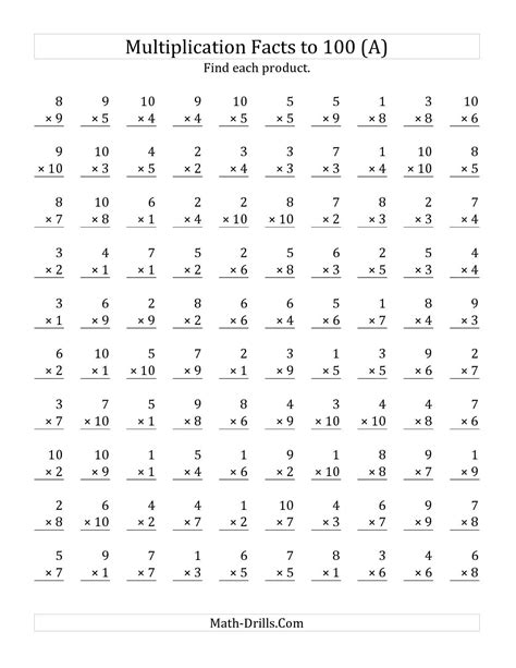 Worksheets are five minute timed drill with 100, math resource studio, subtraction work 100 vertical subtraction facts, math fact fluency work, multiplication facts to 100 a, minute marker 1 2 3 4 5 subtraction facts 0 12, basic facts, math. The Multiplication Facts to 100 No Zeros (A) math ...
