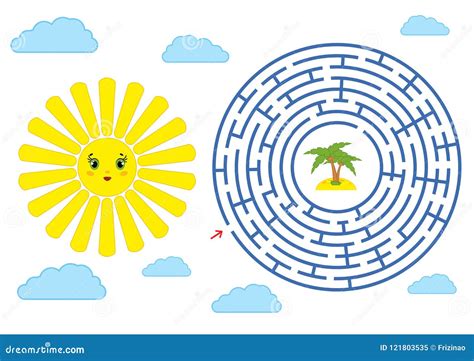 Round Maze With A Cartoon Character Nice Sun With Clouds And Beach An