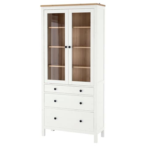 Hemnes Glass Door Cabinet With 3 Drawers White Stain Light Brown 35